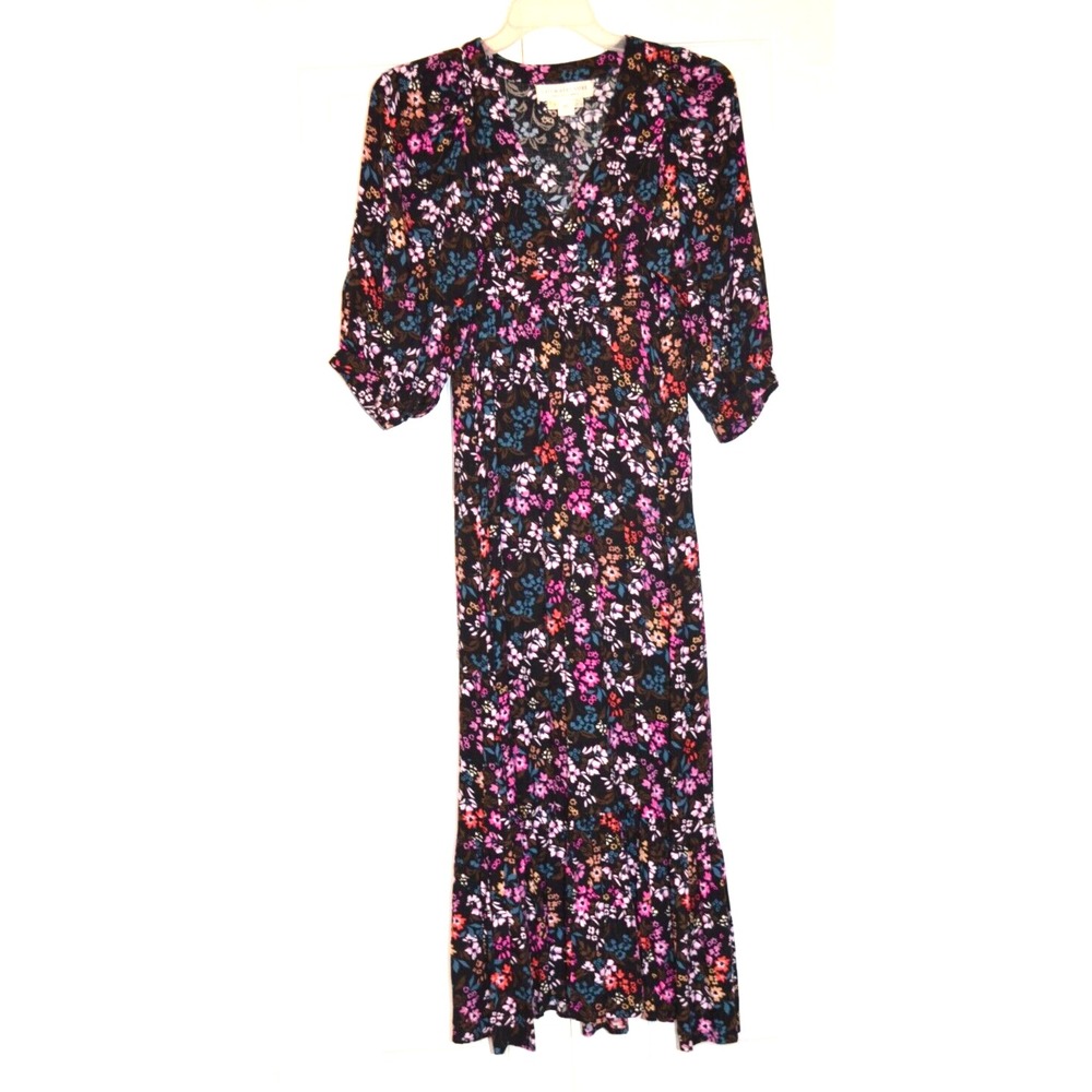 Saltwater Luxe Festive Maxi Dress Women's XS 3/4 Sleeve Black w/ Flowers Ruffle